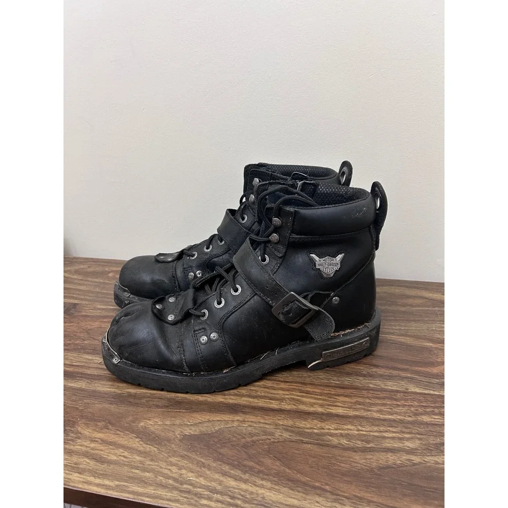 Harley Davidson Mens Black Leather Biker Boots Side Zip Buckle Moto Lug Sole